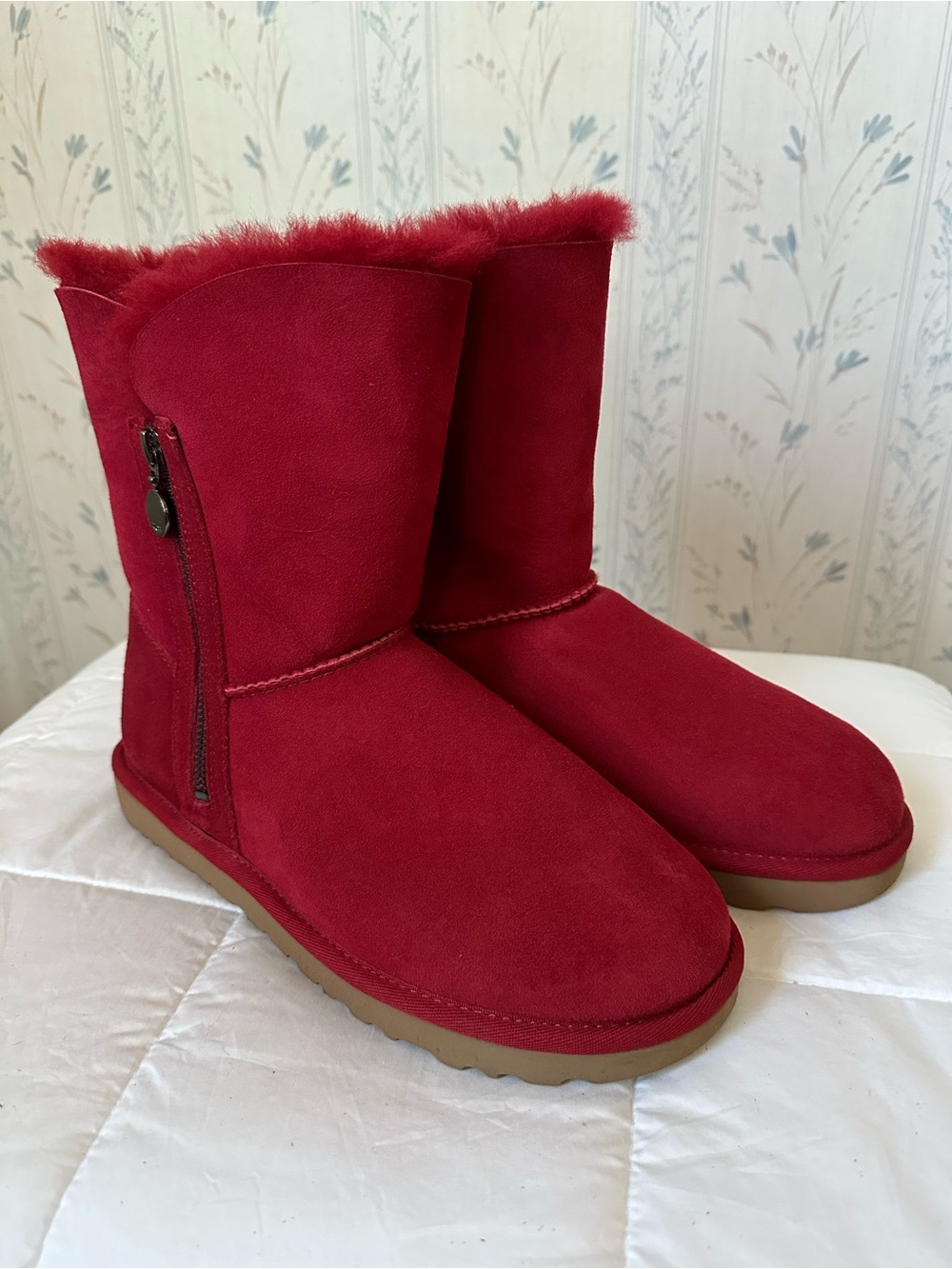 UGG Red Suede Mid-Calf Winter Boots with Side Zip